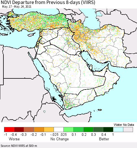 Middle East and Turkey NDVI Departure from Previous 8-days (VIIRS) Thematic Map For 5/17/2021 - 5/24/2021