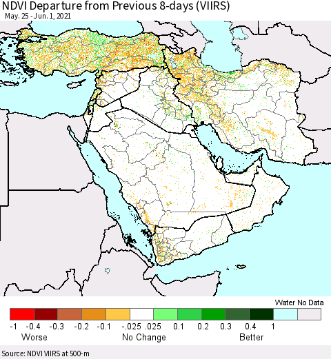 Middle East and Turkey NDVI Departure from Previous 8-days (VIIRS) Thematic Map For 5/25/2021 - 6/1/2021