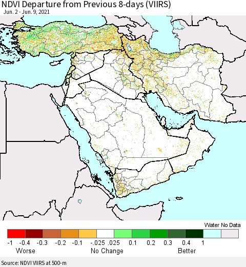 Middle East and Turkey NDVI Departure from Previous 8-days (VIIRS) Thematic Map For 6/2/2021 - 6/9/2021