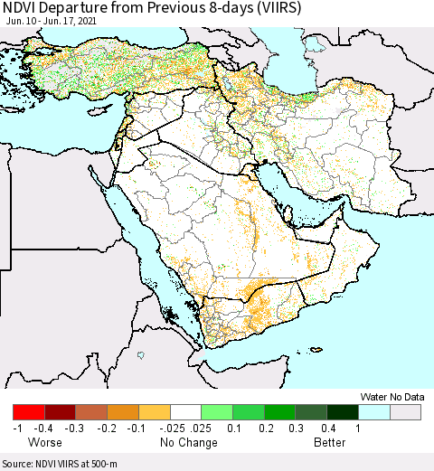 Middle East and Turkey NDVI Departure from Previous 8-days (VIIRS) Thematic Map For 6/10/2021 - 6/17/2021
