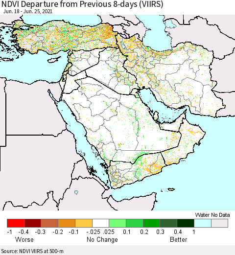Middle East and Turkey NDVI Departure from Previous 8-days (VIIRS) Thematic Map For 6/18/2021 - 6/25/2021