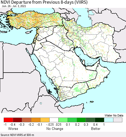 Middle East and Turkey NDVI Departure from Previous 8-days (VIIRS) Thematic Map For 6/26/2021 - 7/3/2021