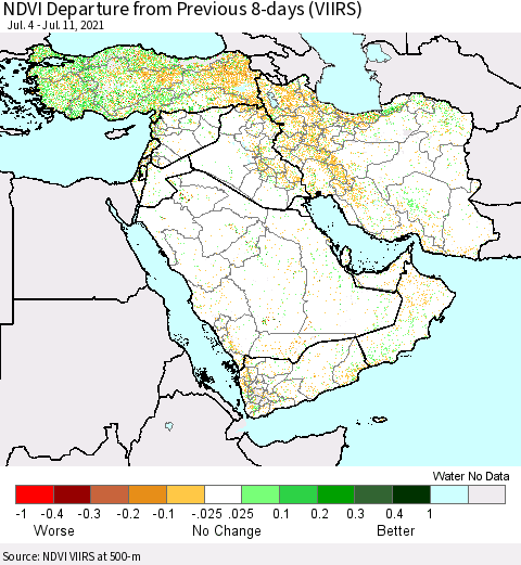 Middle East and Turkey NDVI Departure from Previous 8-days (VIIRS) Thematic Map For 7/4/2021 - 7/11/2021