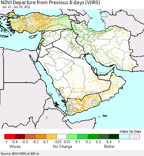 Middle East and Turkey NDVI Departure from Previous 8-days (VIIRS) Thematic Map For 7/12/2021 - 7/19/2021