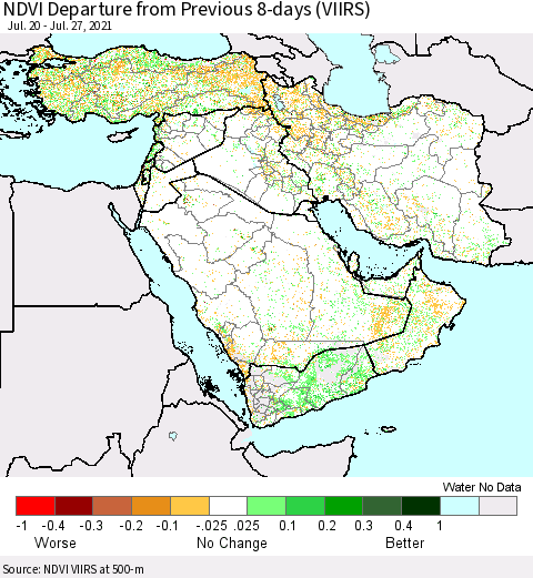Middle East and Turkey NDVI Departure from Previous 8-days (VIIRS) Thematic Map For 7/20/2021 - 7/27/2021