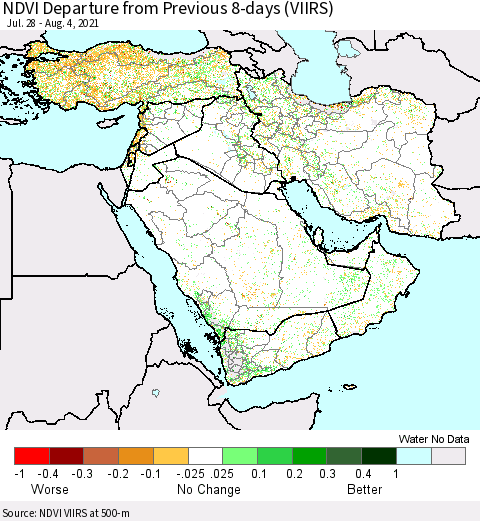Middle East and Turkey NDVI Departure from Previous 8-days (VIIRS) Thematic Map For 7/28/2021 - 8/4/2021
