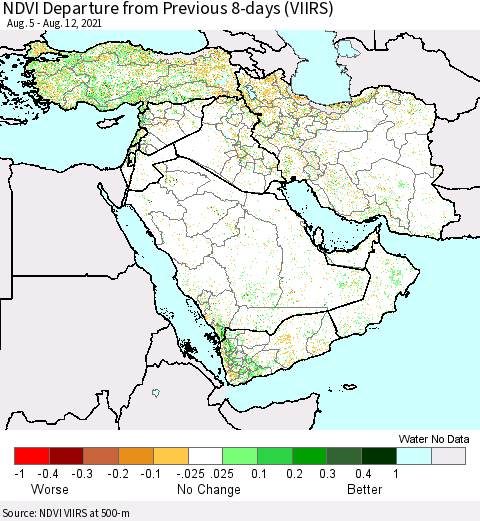 Middle East and Turkey NDVI Departure from Previous 8-days (VIIRS) Thematic Map For 8/5/2021 - 8/12/2021