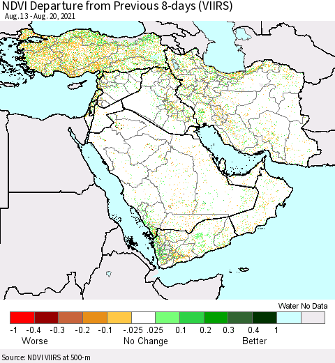 Middle East and Turkey NDVI Departure from Previous 8-days (VIIRS) Thematic Map For 8/13/2021 - 8/20/2021