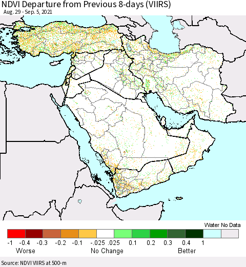 Middle East and Turkey NDVI Departure from Previous 8-days (VIIRS) Thematic Map For 8/29/2021 - 9/5/2021