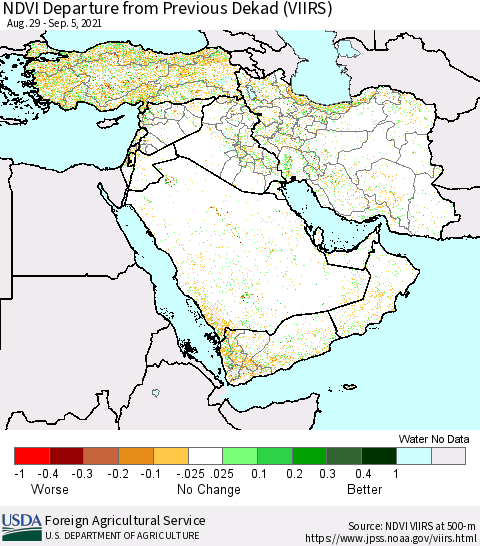 Middle East and Turkey NDVI Departure from Previous Dekad (VIIRS) Thematic Map For 9/1/2021 - 9/10/2021
