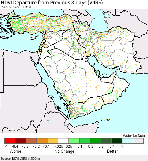 Middle East and Turkey NDVI Departure from Previous 8-days (VIIRS) Thematic Map For 9/6/2021 - 9/13/2021