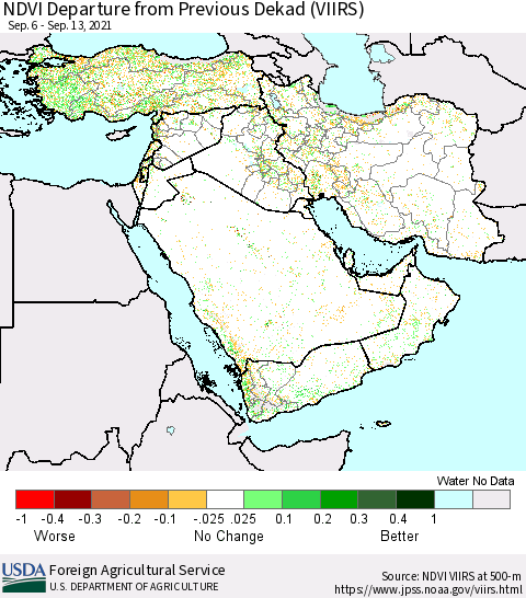 Middle East and Turkey NDVI Departure from Previous Dekad (VIIRS) Thematic Map For 9/11/2021 - 9/20/2021