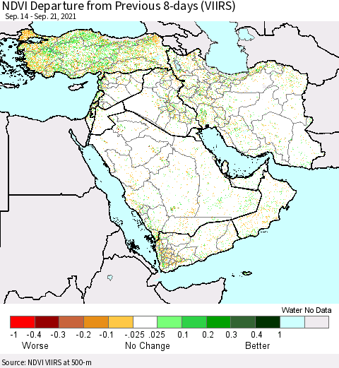 Middle East and Turkey NDVI Departure from Previous 8-days (VIIRS) Thematic Map For 9/14/2021 - 9/21/2021