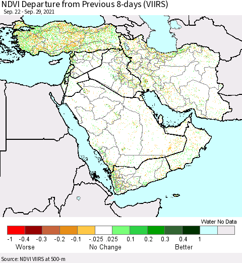 Middle East and Turkey NDVI Departure from Previous 8-days (VIIRS) Thematic Map For 9/22/2021 - 9/29/2021