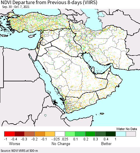 Middle East and Turkey NDVI Departure from Previous 8-days (VIIRS) Thematic Map For 9/30/2021 - 10/7/2021