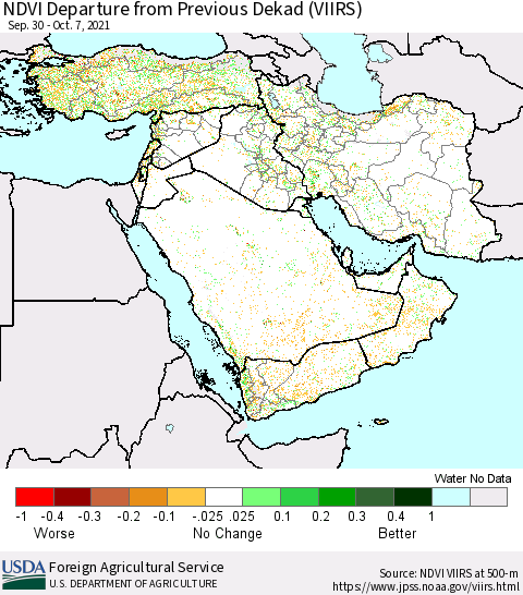 Middle East and Turkey NDVI Departure from Previous Dekad (VIIRS) Thematic Map For 10/1/2021 - 10/10/2021