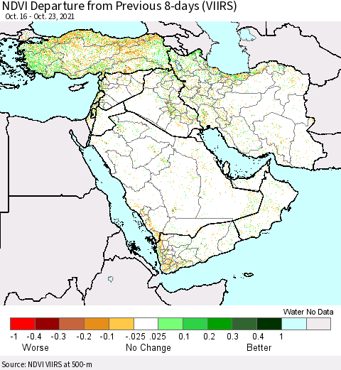 Middle East and Turkey NDVI Departure from Previous 8-days (VIIRS) Thematic Map For 10/16/2021 - 10/23/2021