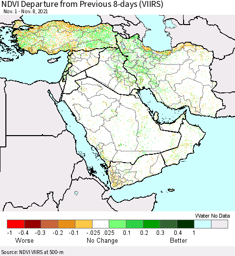 Middle East and Turkey NDVI Departure from Previous 8-days (VIIRS) Thematic Map For 11/1/2021 - 11/8/2021