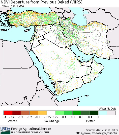 Middle East and Turkey NDVI Departure from Previous Dekad (VIIRS) Thematic Map For 11/1/2021 - 11/10/2021