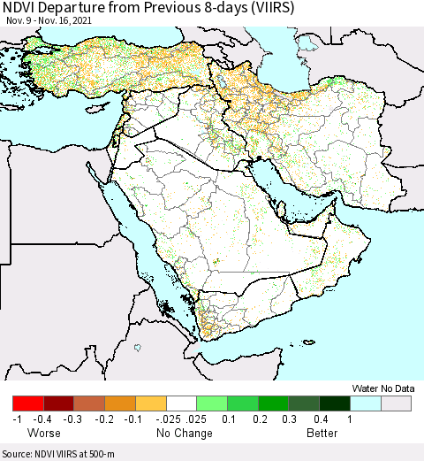 Middle East and Turkey NDVI Departure from Previous 8-days (VIIRS) Thematic Map For 11/9/2021 - 11/16/2021