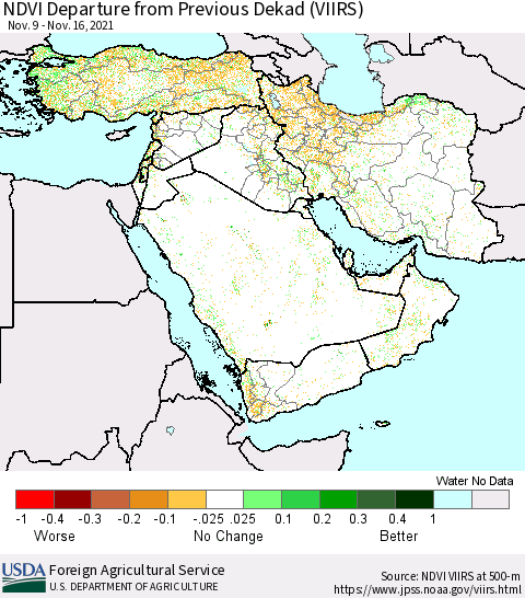 Middle East and Turkey NDVI Departure from Previous Dekad (VIIRS) Thematic Map For 11/11/2021 - 11/20/2021