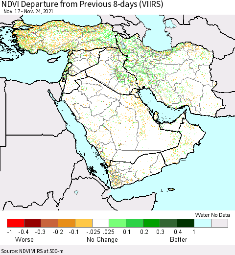 Middle East and Turkey NDVI Departure from Previous 8-days (VIIRS) Thematic Map For 11/17/2021 - 11/24/2021