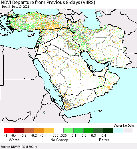 Middle East and Turkey NDVI Departure from Previous 8-days (VIIRS) Thematic Map For 12/3/2021 - 12/10/2021