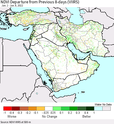Middle East and Turkey NDVI Departure from Previous 8-days (VIIRS) Thematic Map For 1/1/2022 - 1/8/2022