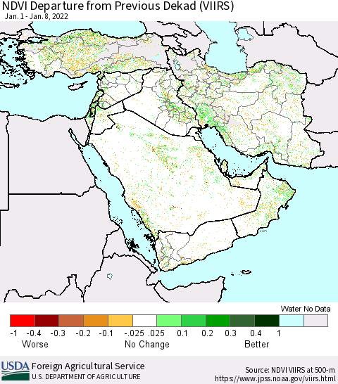 Middle East and Turkey NDVI Departure from Previous Dekad (VIIRS) Thematic Map For 1/1/2022 - 1/10/2022