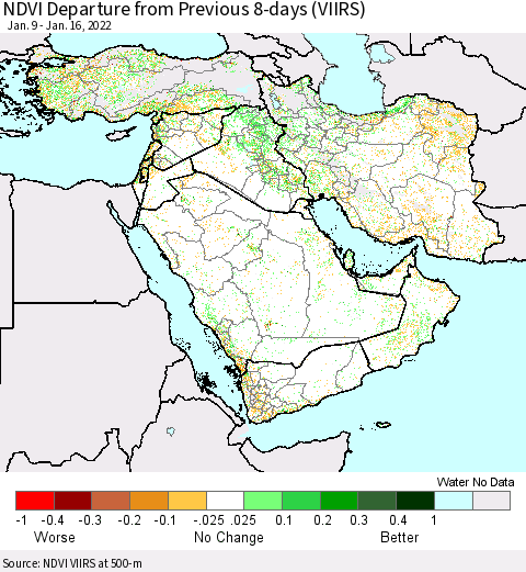 Middle East and Turkey NDVI Departure from Previous 8-days (VIIRS) Thematic Map For 1/9/2022 - 1/16/2022