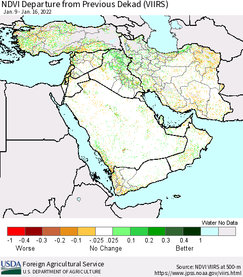 Middle East and Turkey NDVI Departure from Previous Dekad (VIIRS) Thematic Map For 1/11/2022 - 1/20/2022