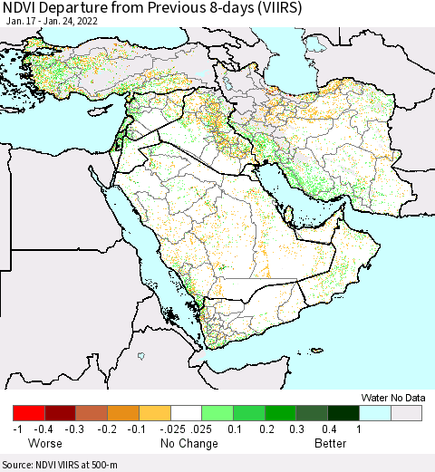 Middle East and Turkey NDVI Departure from Previous 8-days (VIIRS) Thematic Map For 1/17/2022 - 1/24/2022