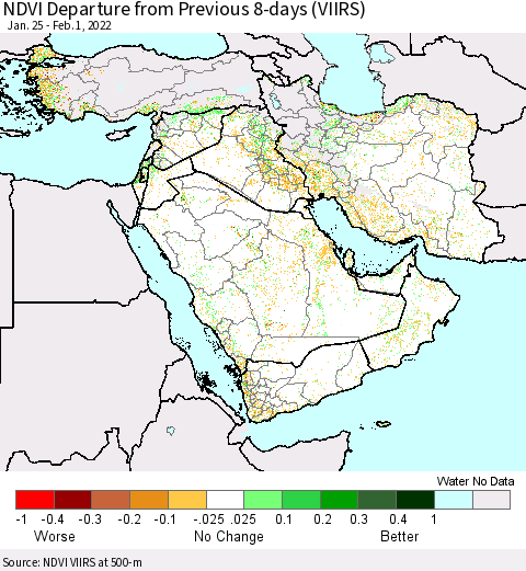 Middle East and Turkey NDVI Departure from Previous 8-days (VIIRS) Thematic Map For 1/25/2022 - 2/1/2022