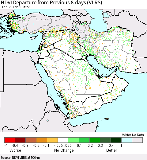 Middle East and Turkey NDVI Departure from Previous 8-days (VIIRS) Thematic Map For 2/2/2022 - 2/9/2022