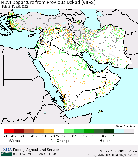 Middle East and Turkey NDVI Departure from Previous Dekad (VIIRS) Thematic Map For 2/1/2022 - 2/10/2022
