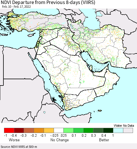 Middle East and Turkey NDVI Departure from Previous 8-days (VIIRS) Thematic Map For 2/10/2022 - 2/17/2022