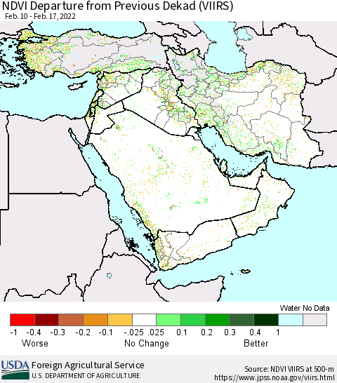 Middle East and Turkey NDVI Departure from Previous Dekad (VIIRS) Thematic Map For 2/11/2022 - 2/20/2022