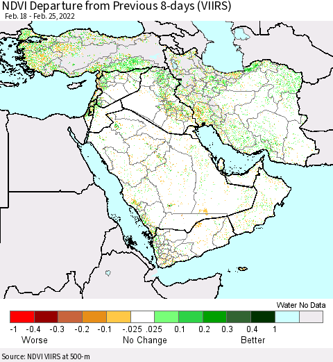 Middle East and Turkey NDVI Departure from Previous 8-days (VIIRS) Thematic Map For 2/18/2022 - 2/25/2022