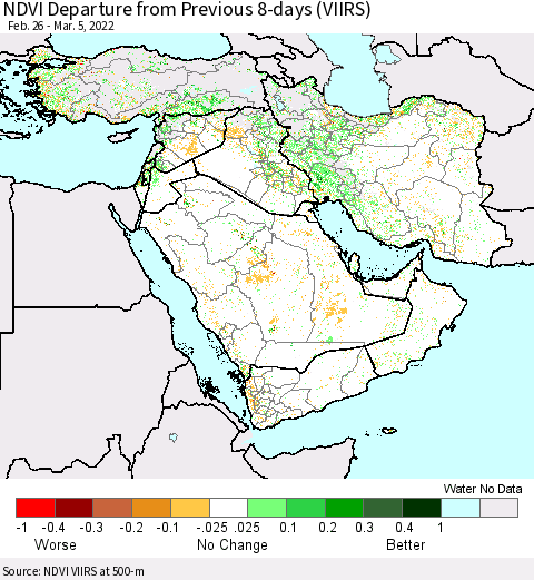Middle East and Turkey NDVI Departure from Previous 8-days (VIIRS) Thematic Map For 2/26/2022 - 3/5/2022