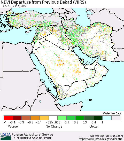 Middle East and Turkey NDVI Departure from Previous Dekad (VIIRS) Thematic Map For 3/1/2022 - 3/10/2022