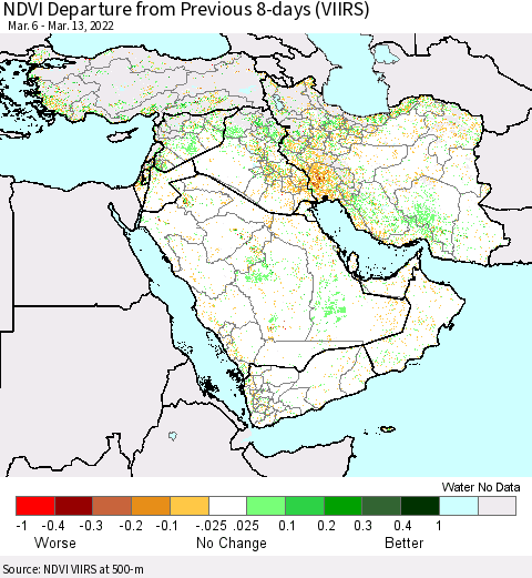 Middle East and Turkey NDVI Departure from Previous 8-days (VIIRS) Thematic Map For 3/6/2022 - 3/13/2022