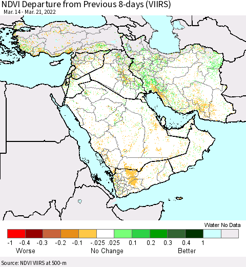 Middle East and Turkey NDVI Departure from Previous 8-days (VIIRS) Thematic Map For 3/14/2022 - 3/21/2022