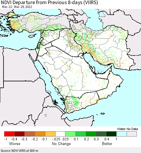Middle East and Turkey NDVI Departure from Previous 8-days (VIIRS) Thematic Map For 3/22/2022 - 3/29/2022