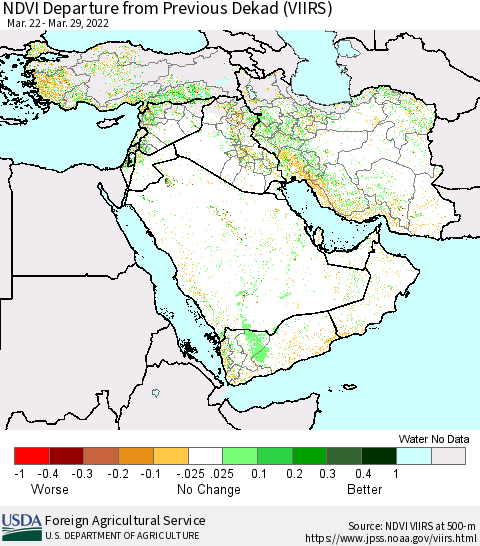 Middle East and Turkey NDVI Departure from Previous Dekad (VIIRS) Thematic Map For 3/21/2022 - 3/31/2022