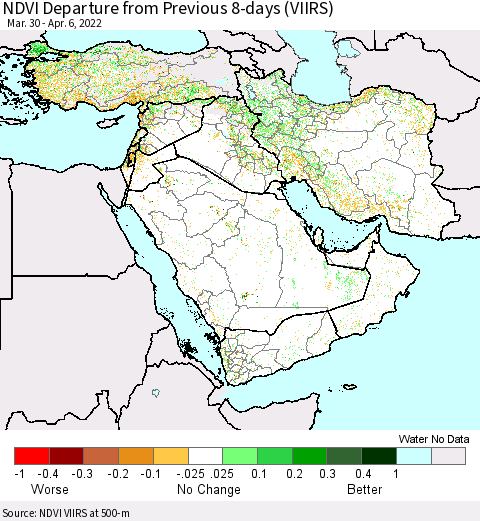 Middle East and Turkey NDVI Departure from Previous 8-days (VIIRS) Thematic Map For 3/30/2022 - 4/6/2022