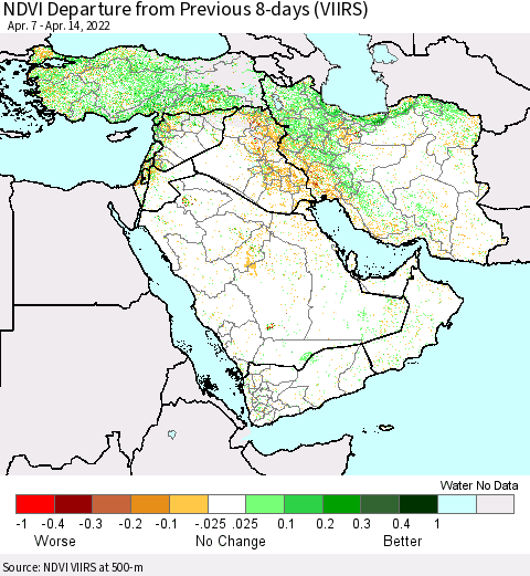 Middle East and Turkey NDVI Departure from Previous 8-days (VIIRS) Thematic Map For 4/7/2022 - 4/14/2022