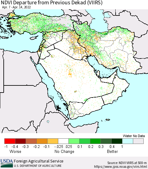 Middle East and Turkey NDVI Departure from Previous Dekad (VIIRS) Thematic Map For 4/11/2022 - 4/20/2022