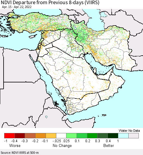 Middle East and Turkey NDVI Departure from Previous 8-days (VIIRS) Thematic Map For 4/15/2022 - 4/22/2022