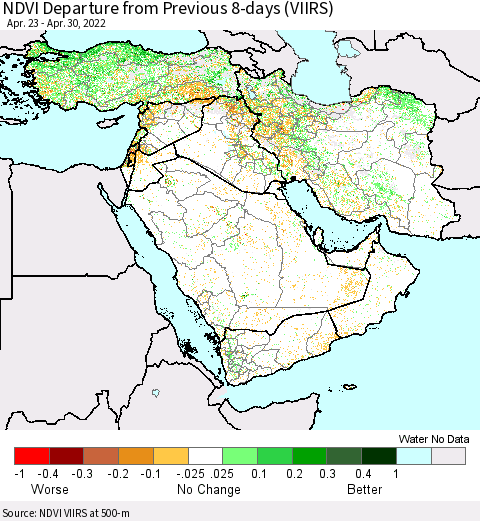 Middle East and Turkey NDVI Departure from Previous 8-days (VIIRS) Thematic Map For 4/23/2022 - 4/30/2022