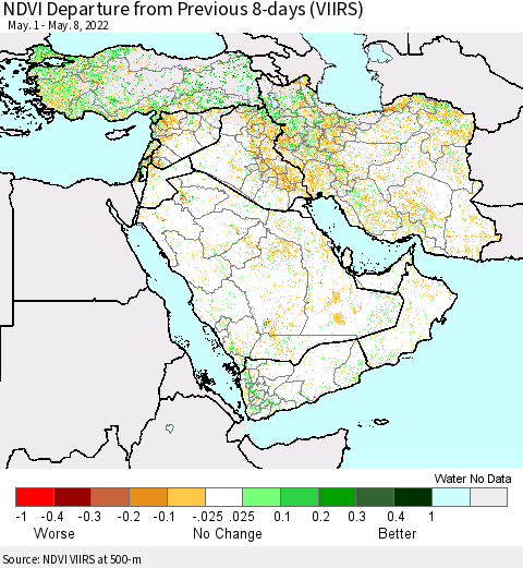 Middle East and Turkey NDVI Departure from Previous 8-days (VIIRS) Thematic Map For 5/1/2022 - 5/8/2022